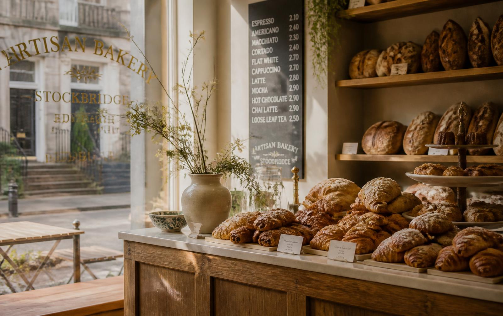 Warm bakery interior with fresh pastries and bread