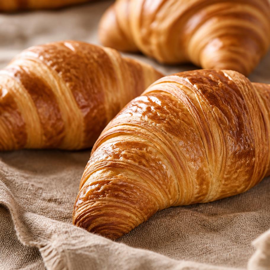 Golden butter croissants on rustic linen