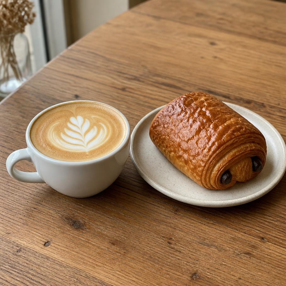 Flat white coffee beside a pain au chocolat