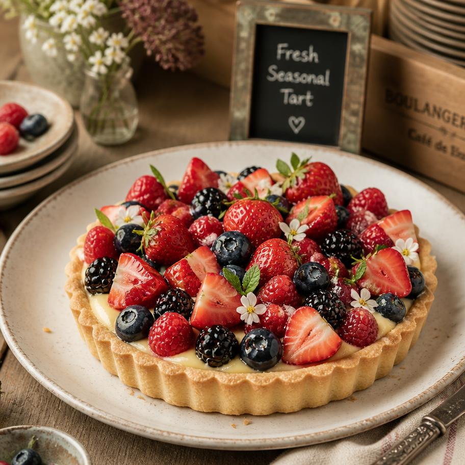 Seasonal fruit tart topped with fresh berries