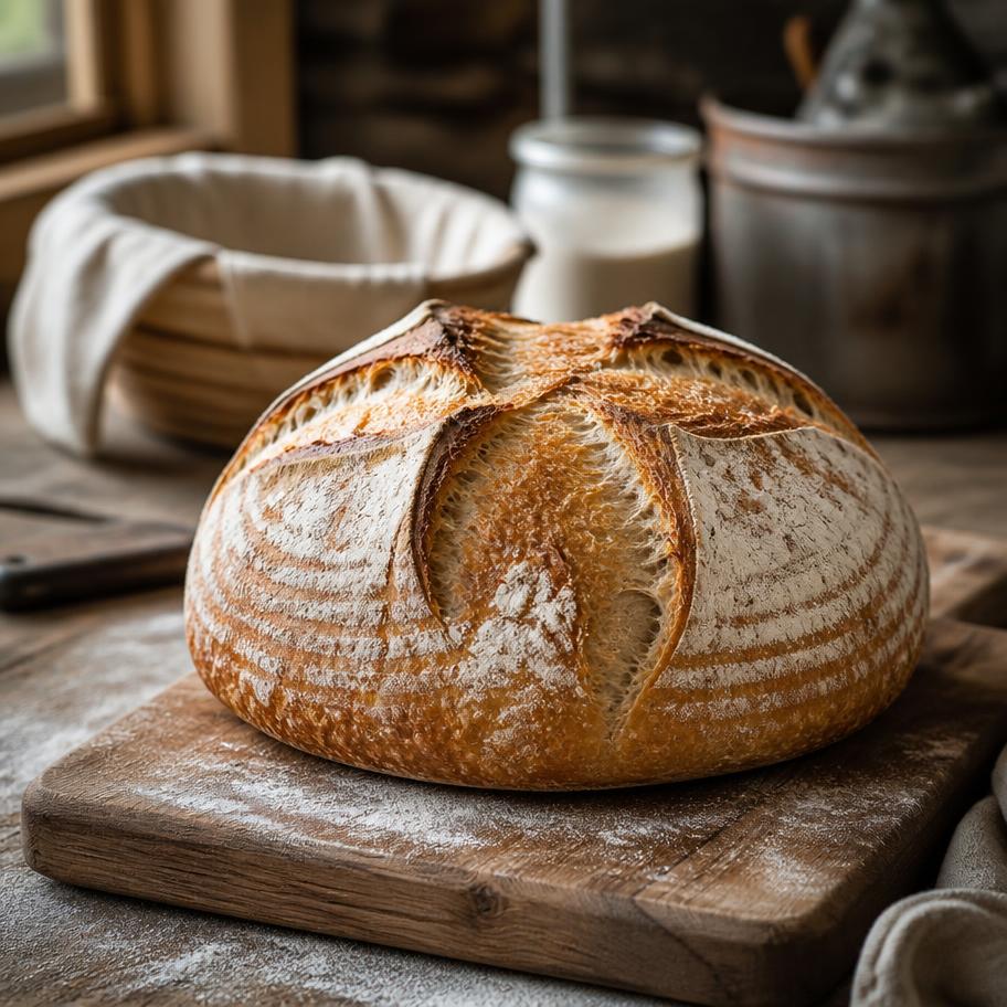 Rustic sourdough loaf cooling on a wooden board
