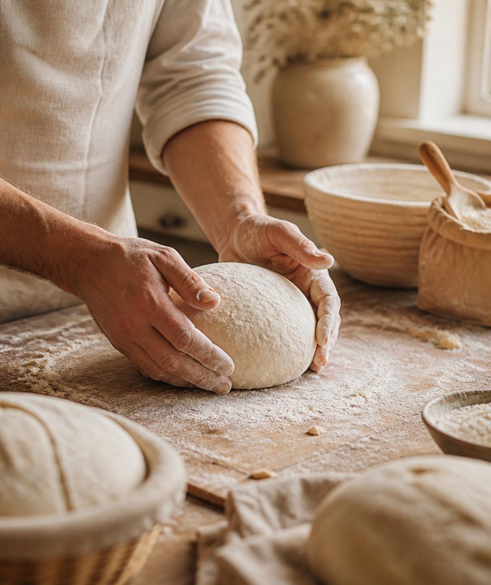 Baker shaping sourdough dough on a floured bench