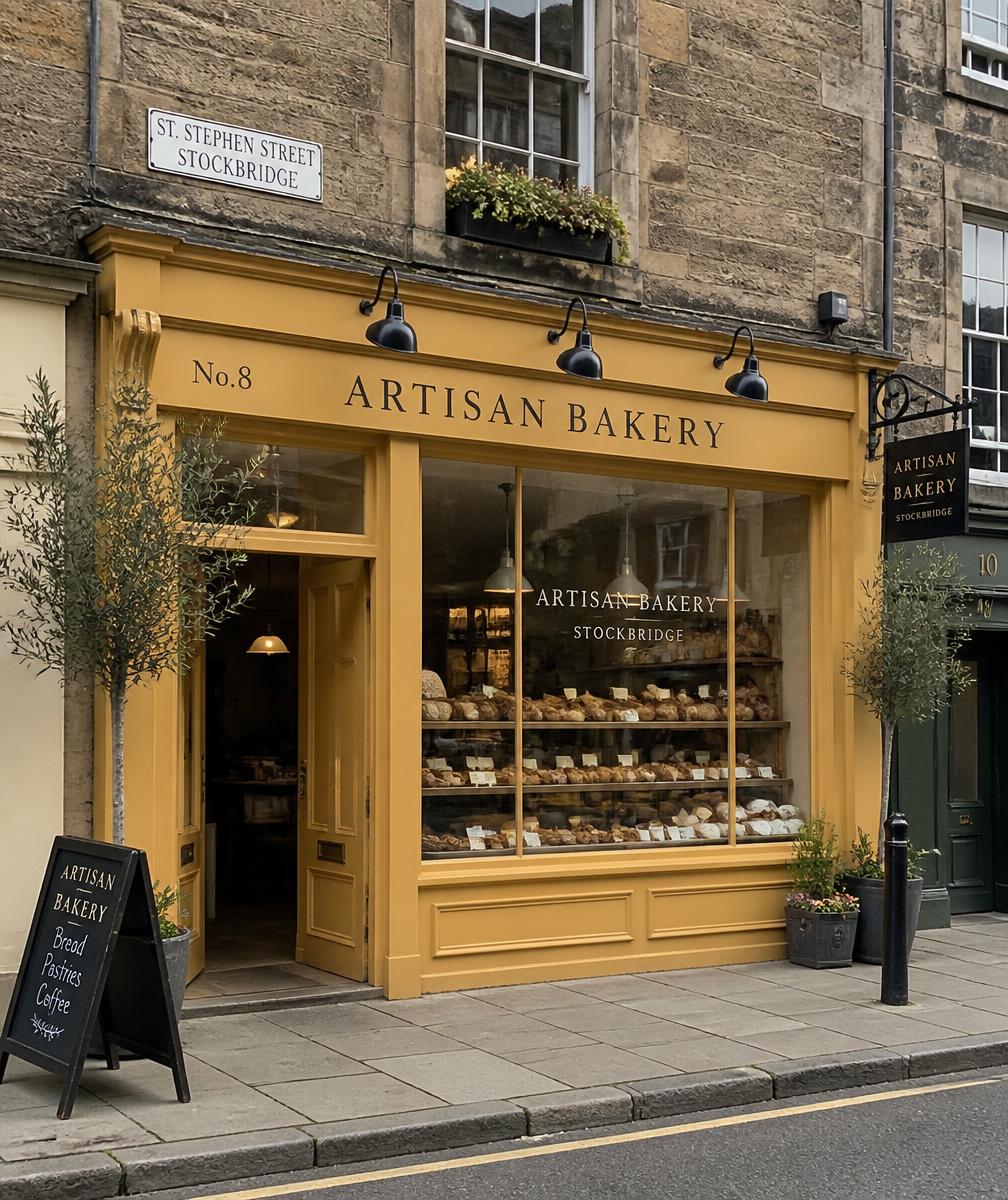 Bakery shopfront on a Stockbridge street in Edinburgh